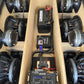 Interior of Stuntwalls Stuntbox GameDay MAX portable pro audio sound system showing PRV Audio speakers, compression drivers, DSP, battery and power supply / charger. 