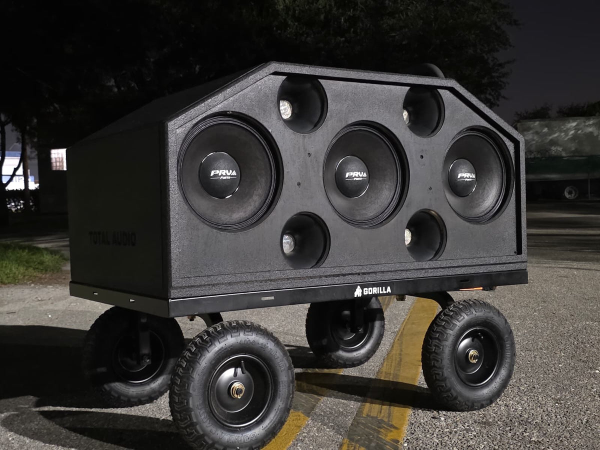 Stuntwalls Stuntbox GameDay MAX 6200 watt portable bluetooth outdoor sound system with professional PRV Audio midbass forte speakers and 2" compression horn drivers.