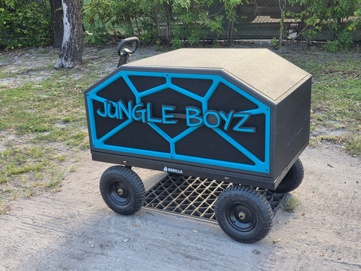 Custom football team bluetooth sound system with CNC graphics, battery powered pro audio enclosure coated with bedliner and heavy duty rolling cart.